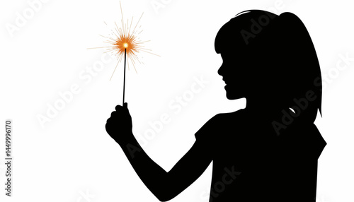 Smiling girl silhouette holding sparkler on white background, joyful celebration