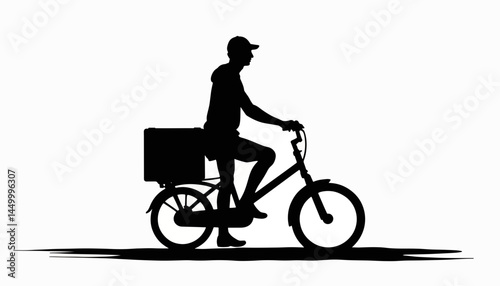 Silhouette of delivery person riding bike, urban mobility concept
