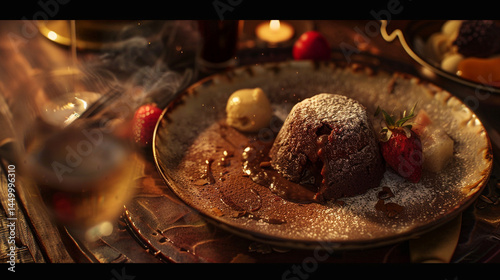 A Sprinkle of Sweet Magic: Powdered Sugar Gently Falls Upon a Rich Chocolate Cake Topped with Vanilla Ice Cream and Fresh Berries, Creating an Elegant Dessert Moment.