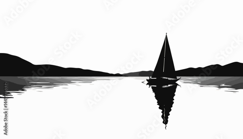 Silhouette of a sailboat on a peaceful lake at sunset, tranquility