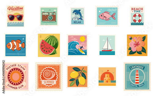 Coastal Travel and Beach Fun Themed Retro Stamp Graphics