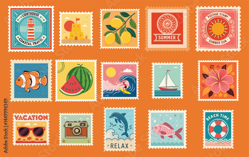 Illustrated Summer Holiday Postage Stamps on Orange Background