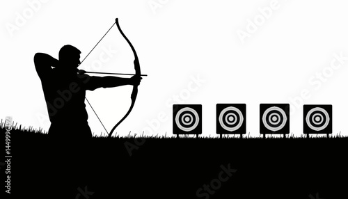 Silhouette of archer aiming at targets on archery range, focus