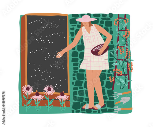 Woman farmer holding a basket and spreading fertilizer in a garden. Suitable for farming, gardening, or eco-friendly themes