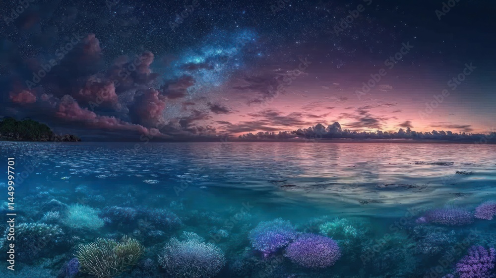 Naklejka premium A serene ocean scene at twilight with vibrant corals and a starry sky.