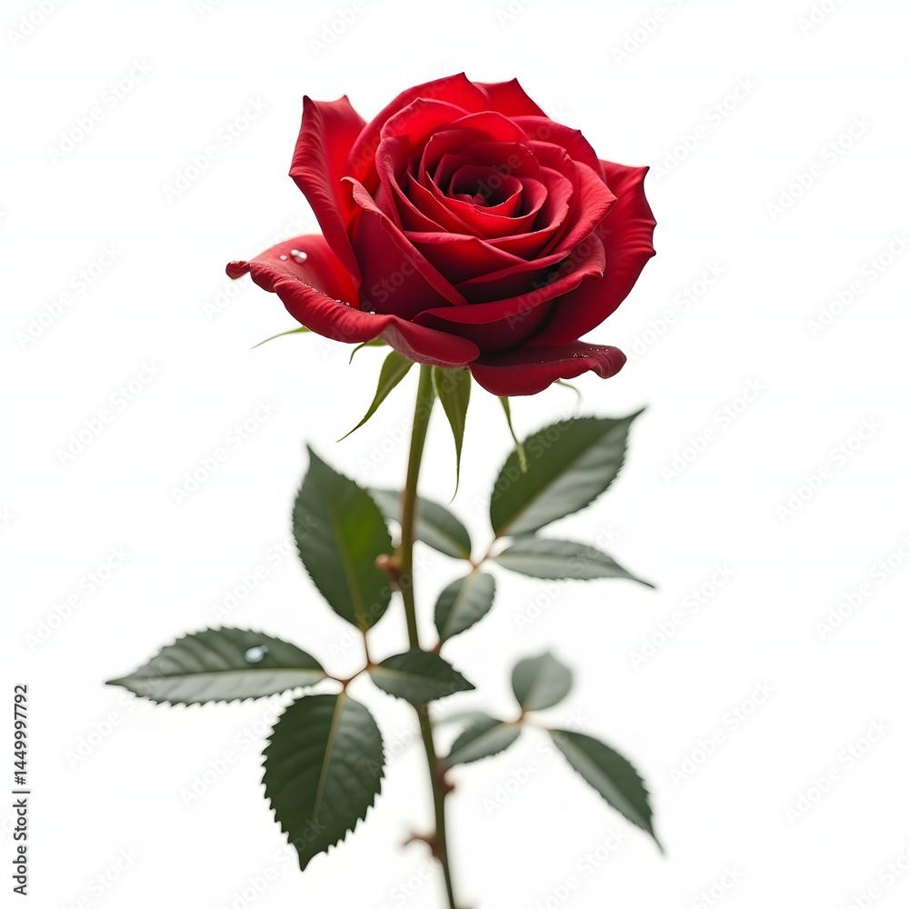 Fototapeta premium Elegant Red Rose on White Background with Dewy Petals