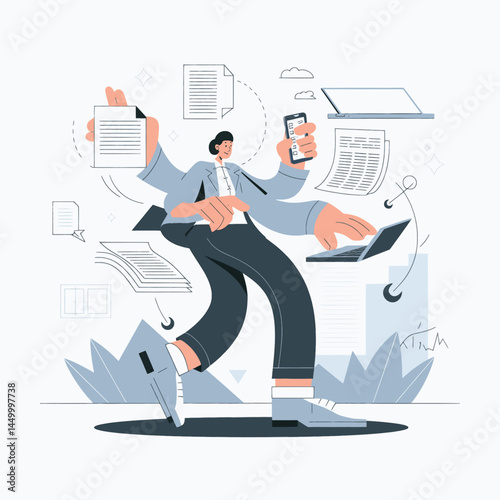 businessman with many hands is busy illustration flat design