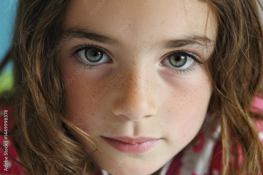 Fototapeta premium A heartwarming portrait of a young girl with mesmerizing green eyes and a gentle expression.
