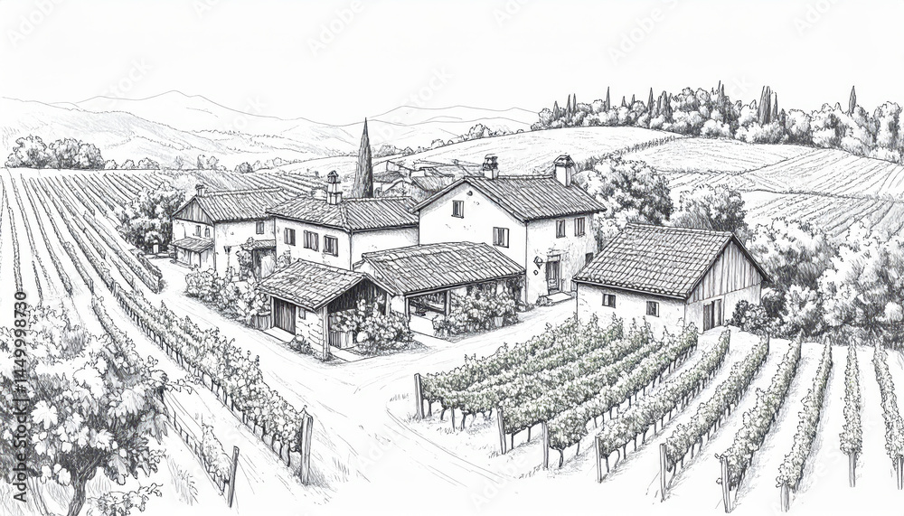 Fototapeta premium Aerial view pencil sketch of vineyard estate with rustic buildings, showcasing old world charm