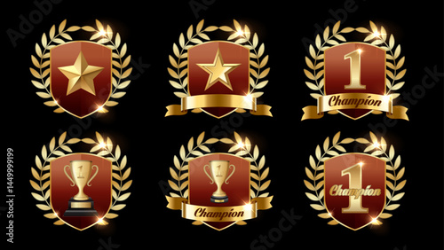 Golden Trophy and Award Badges with Laurel Wreath, Champion Cup, Stars, Shields, and Number 1 Icons – Premium Vector Collection