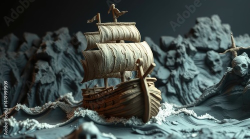 Voyage of the Sea: A miniature ship glides through turbulent waves.