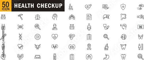 Health checkup editable outline icon set. Doctor, test, lab, body, care, diagnosis and more.