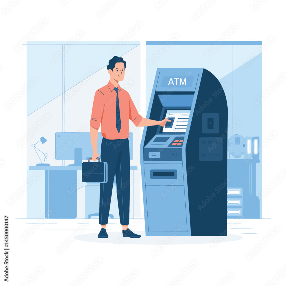 businessman withdrawing money from Automatic Teller Machine design flat