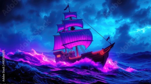 Ship Sailing in a Tempest: A majestic ship valiantly navigates through a stormy sea, with waves crashing dramatically around its hull. The ominous sky is filled with dark clouds and lightning flashes.