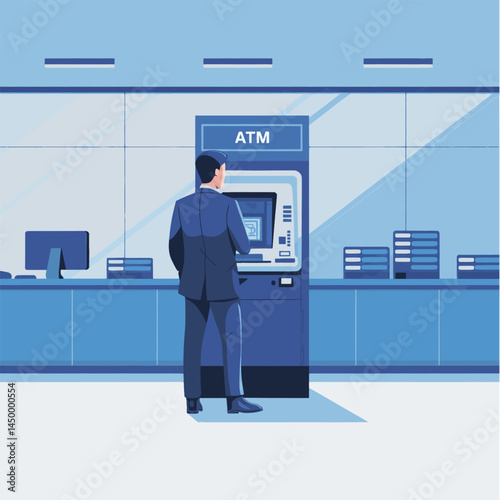 businessman withdrawing money from Automatic Teller Machine design illustration on office background