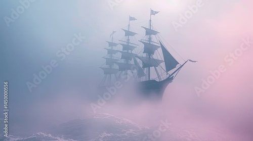 Mysterious Sailing Ship in Mist: A majestic sailing ship cuts through a thick, ethereal mist, shrouded in mystery and intrigue. The soft.