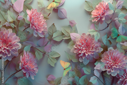 Colorful floral arrangement with butterflies in a pastel theme evoking springtime tranquility and beauty