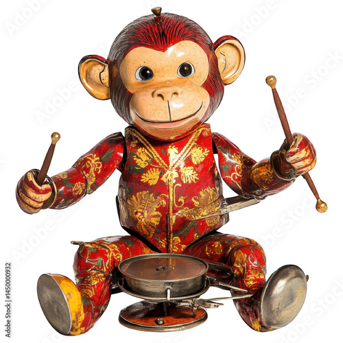 Antique Toy Monkey Drummer: A meticulously detailed studio shot of a vintage, wind-up toy monkey, resplendent in vibrant colors and playing a miniature drum set, evoking childhood nostalgia.