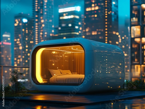 Luxury ai-powered hotel experience in a modern cityscape futuristic architecture nighttime cinematic view