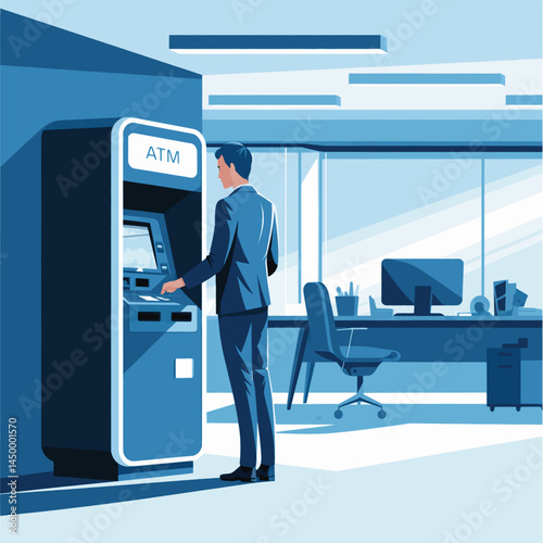 businessman withdrawing money from Automatic Teller Machine flat design on office background