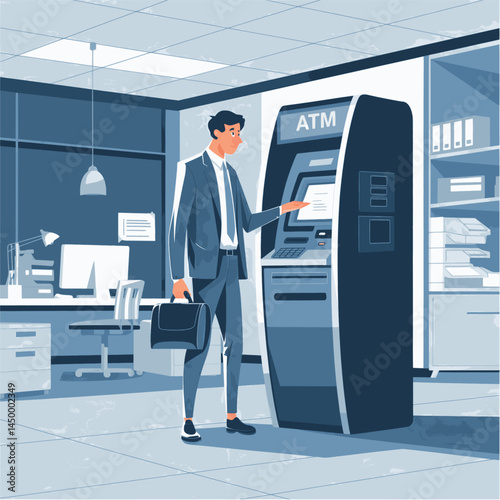 businessman withdrawing money from Automatic Teller Machine flat illustration on office background