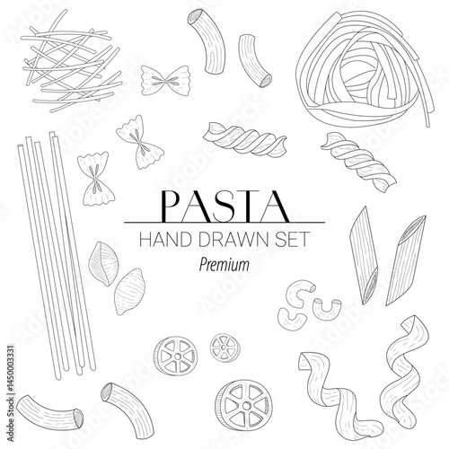 Hand-drawn vector set of Italian pasta types including spaghetti, penne, fusilli, farfalle, ravioli, and macaroni. Ideal for Italian cuisine themes, restaurant menus, and food packaging.
