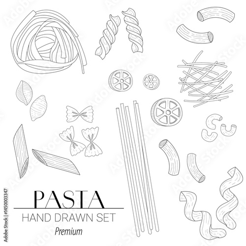 Hand-drawn vector set of Italian pasta types including spaghetti, penne, fusilli, farfalle, ravioli, and macaroni. Ideal for Italian cuisine themes, restaurant menus, and food packaging.
