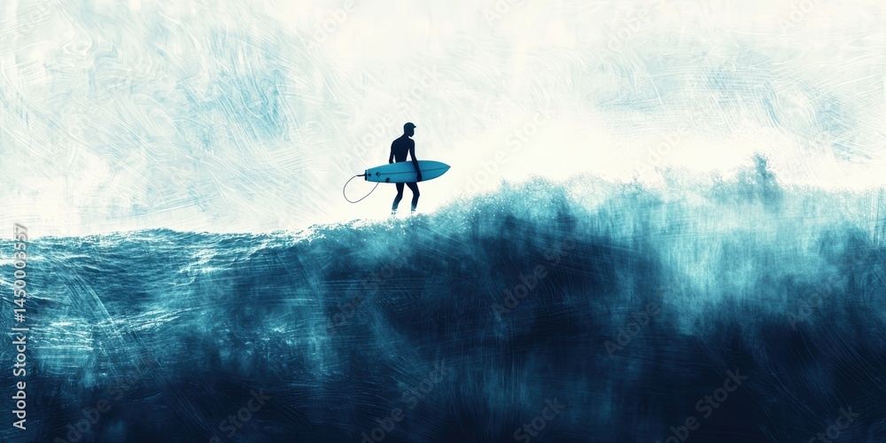 Fototapeta premium a silhouette of a man holding a surfboard walking into a blue ocean with crashing waves 