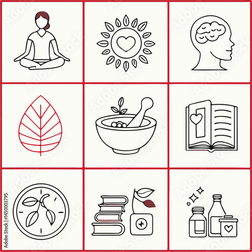 Holistic Wellness and Natural Health Line Icons – Meditation, Healing, and Herbal Remedy Illustration Set