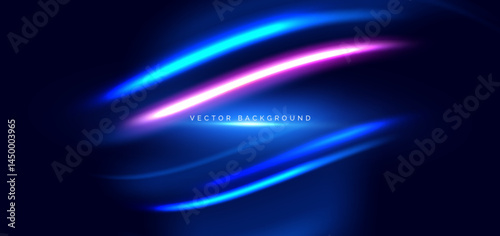 Hi-speed blue and pink neon wave beams rays on dark blue background. Speed motion moving concept.