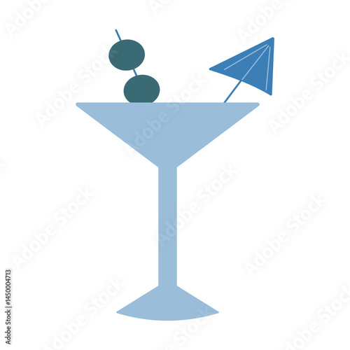 Summer cocktail with olive and straw umbrella. Simple flat illustration on transparent background