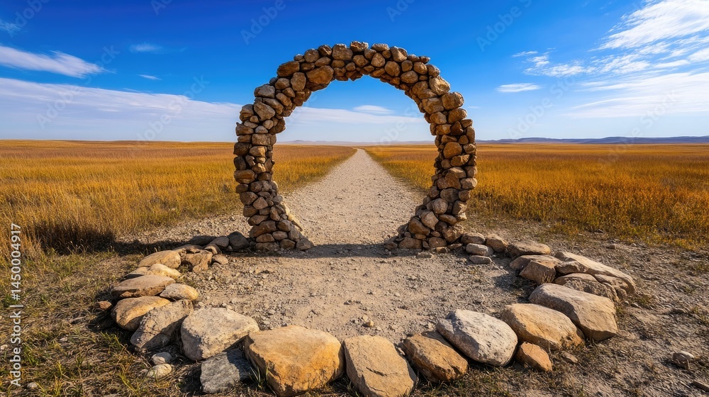 Fototapeta premium A mysterious stone archway in an empty field, opening into a bright blue sky