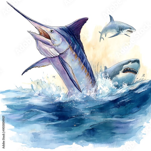 Wallpaper Mural Majestic Marlin Leaps from Ocean Waves, Accompanied by Great White Sharks. Torontodigital.ca