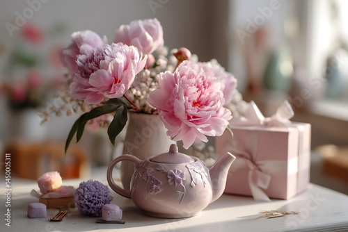 A tranquil moment captured with a warm teapot, blooming peonies, and a Mothera??s Day gift set in soft pastel tones. The sunlight gently illuminates the flowers and tea, creating