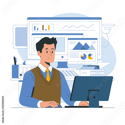 Businessman working with laptop while facing the monitor screen design flat