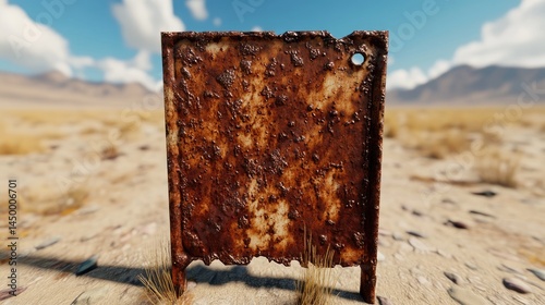 A rusted metal gate standing in a vast wasteland, pulsing with mysterious energy