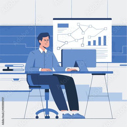 Businessman working with laptop while facing the monitor screen design on office background illustration flat