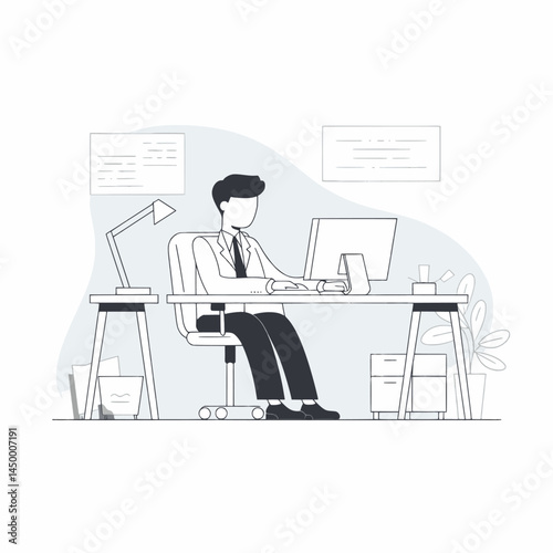 Businessman working with laptop while facing the monitor screen design