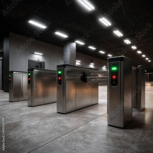 Modern security turnstile system with stainless steel barriers and illuminated green and red indicators in spacious, well lit industrial interior photo