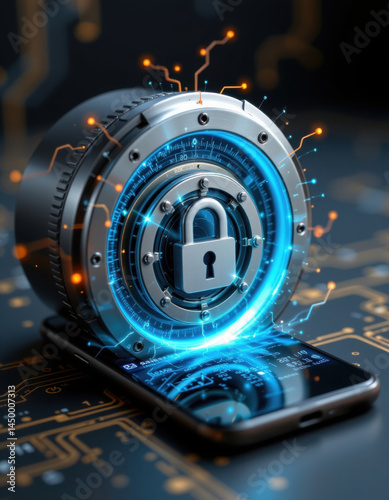 Digital vault door with lock symbol glowing blue light emerging from smartphone, representing advanced cybersecurity and data protection technology