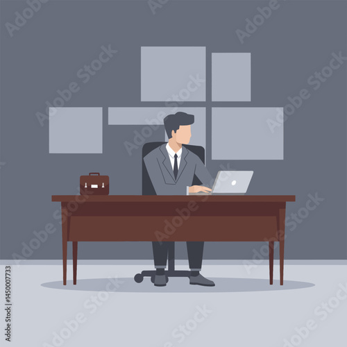 Businessman working with laptop while facing the monitor screen flat design on white background