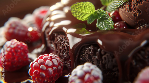 Decadent Chocolate Delight: A Molten Lava Cake Drenched in Rich Chocolate Sauce, Surrounded by Fresh Raspberries, Blueberries, and a Scoop of Creamy Vanilla Ice Cream.