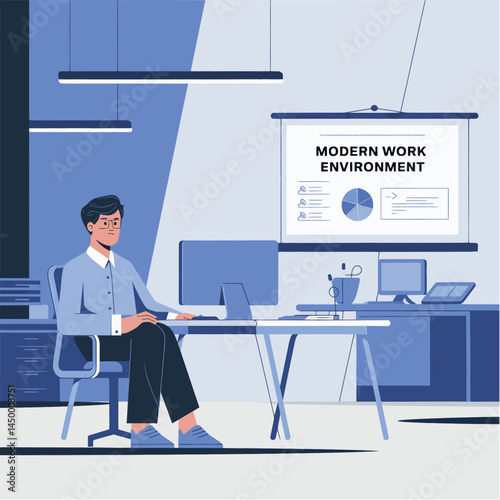 Businessman working with laptop while facing the monitor screen flat office background