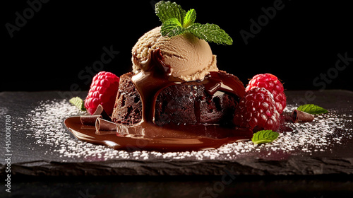 Decadent Chocolate Delight: A Molten Lava Cake Drenched in Rich Chocolate Sauce, Surrounded by Fresh Raspberries, Blueberries, and a Scoop of Creamy Vanilla Ice Cream.