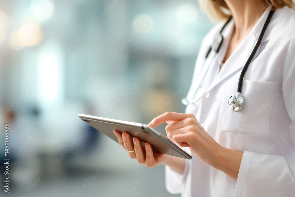Female Doctor Using Digital Tablet in Hospital Setting Female Doctor Using Digital Tablet in Hospital Setting