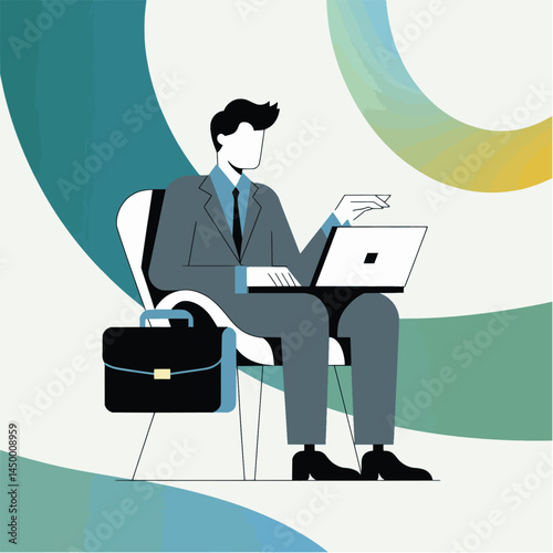 Businessman working with laptop while facing the monitor screen flat on office background design