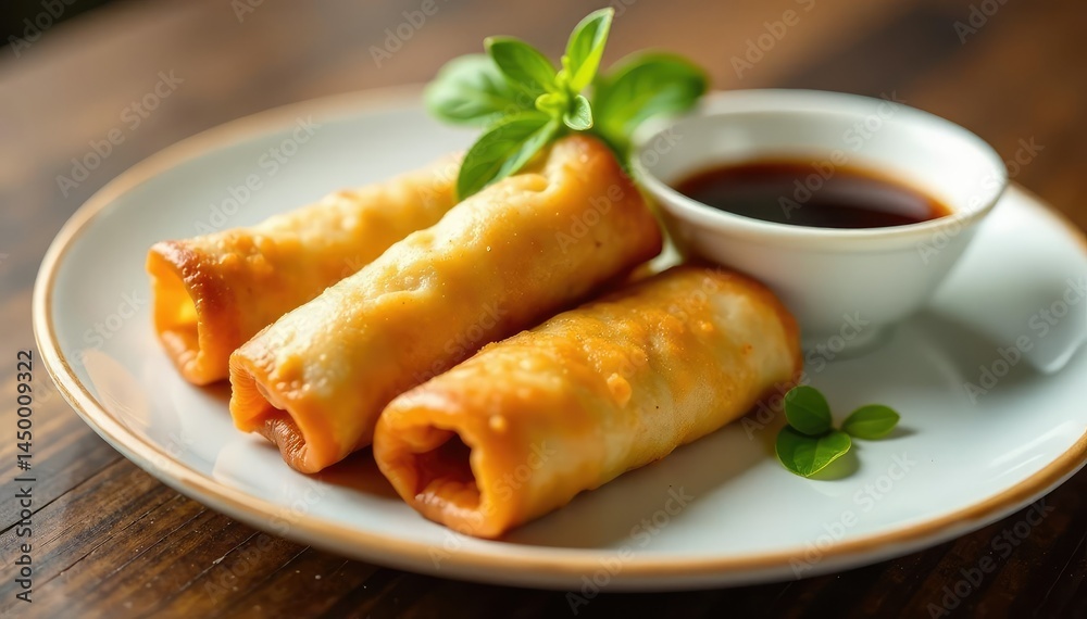 Crispy spring rolls, soy sauce, garnish, white plate, delicious, soy sauce, appetizer Crispy spring rolls, soy sauce, garnish, white plate, delicious, soy sauce, appetizer