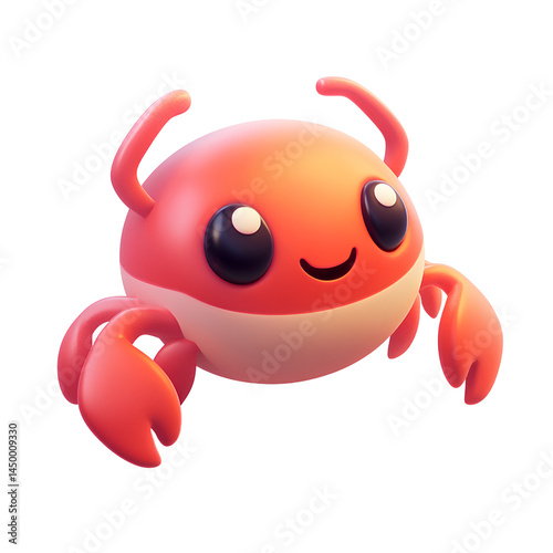 Cute red crab icon, clay material in an isometric style, with a smooth and shiny appearance. Cute, girly style with high levels of detail, set against a white background.png