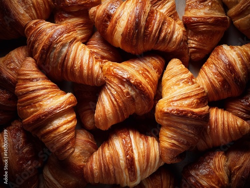 Background of many croissants top view. 
The croissants are tightly packed together