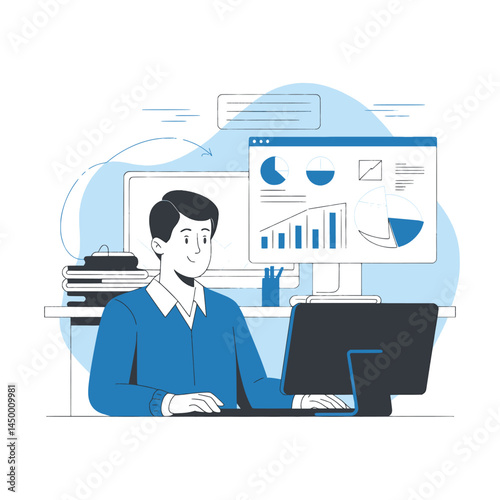 Businessman working with laptop while facing the monitor screen illustration design on office background.